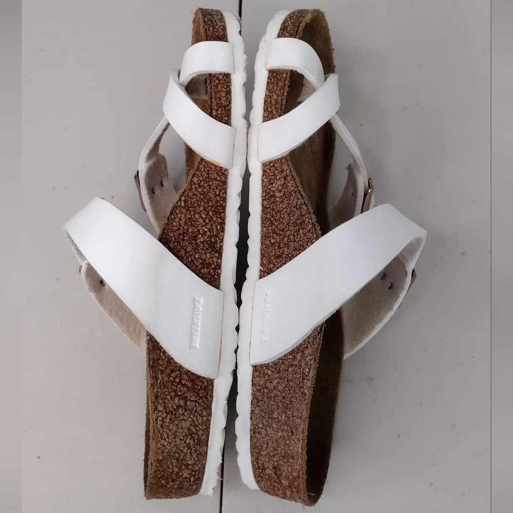Birkenstock Kids White Two-Strap Cork Footbed Sandals with Rose Gold Buckles